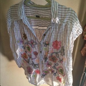 Floral Embroidered Collar Shirt Button Up Striped Colorful Anthropologie Boho